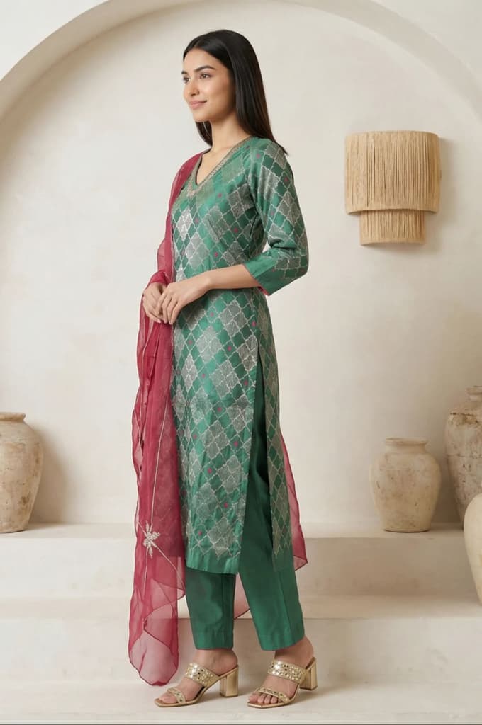 Green Geometric Printed Zari Work Jacquard Straight Kurta with Pants and Dupatta Set — photo 3