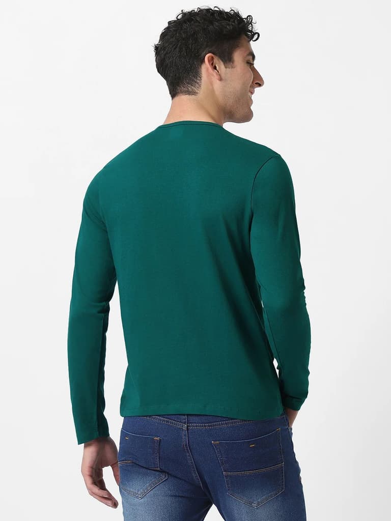 Men's Dark Green Solid Henley Neck Slim Fit Cotton T-Shirt — photo 4