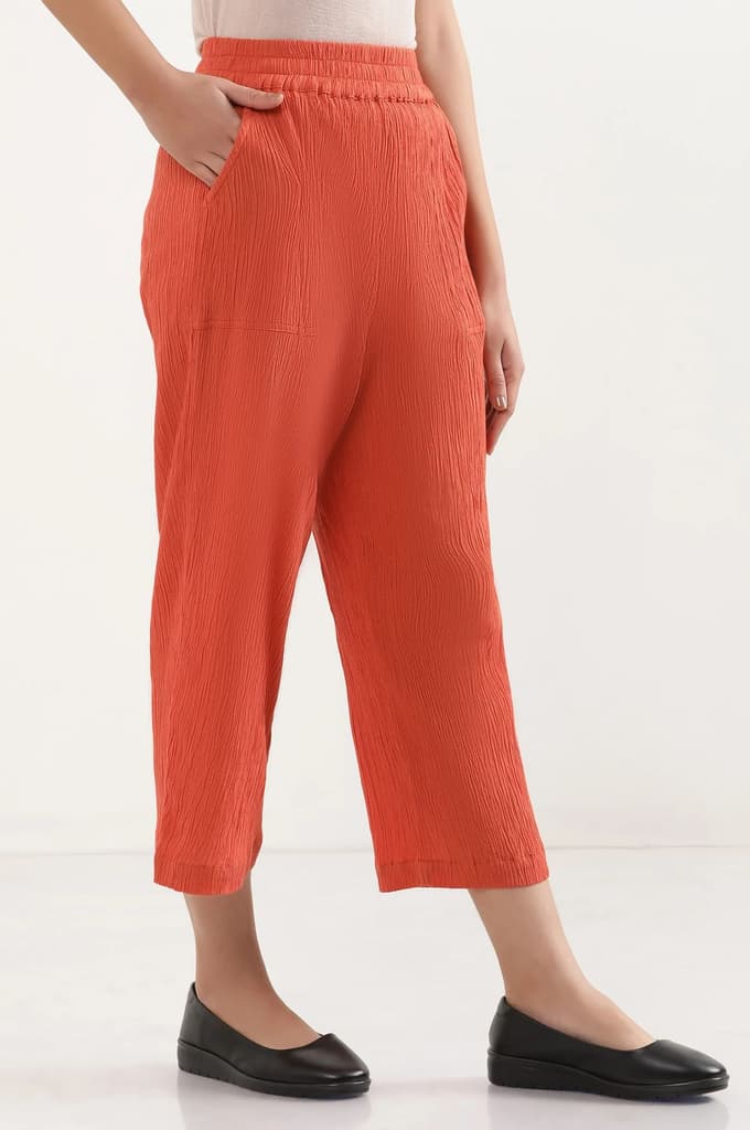 Rust Solid Wide Leg Rayon Culottes With Elasticated Waist — photo 5