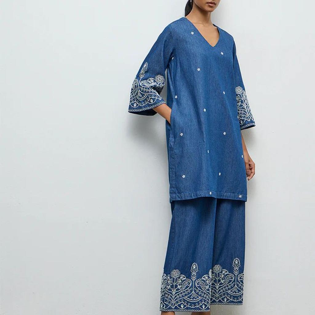 Utsa Indigo Floral Embroidered Denim A-Line Kurta