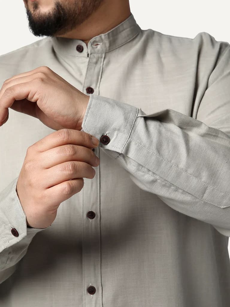 Plus Men's Grey Linen Blend Full Sleeve Relaxed Fit Mandarin Collar Casual Solid Shirt — photo 6