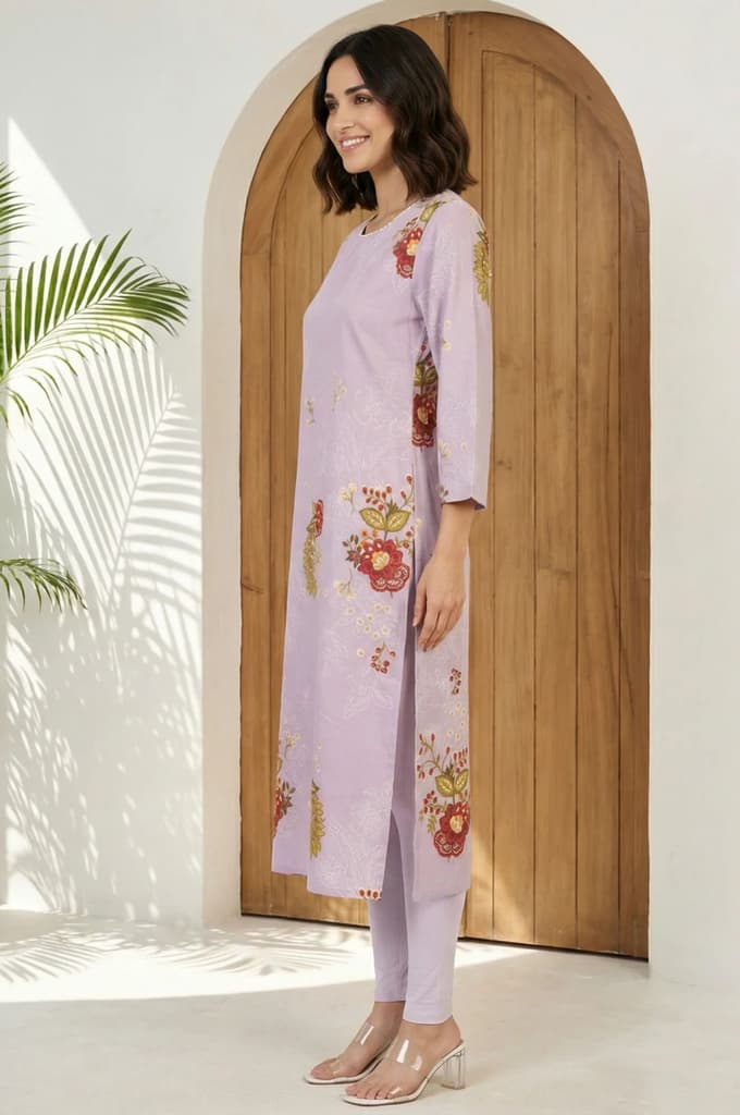 Lavender Floral Printed Lace Straight Kurta — photo 3