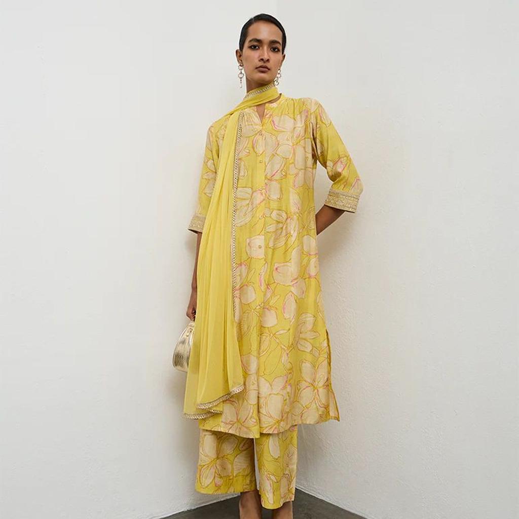 Vark Yellow Floral Pattern A-Line Ethnic Set