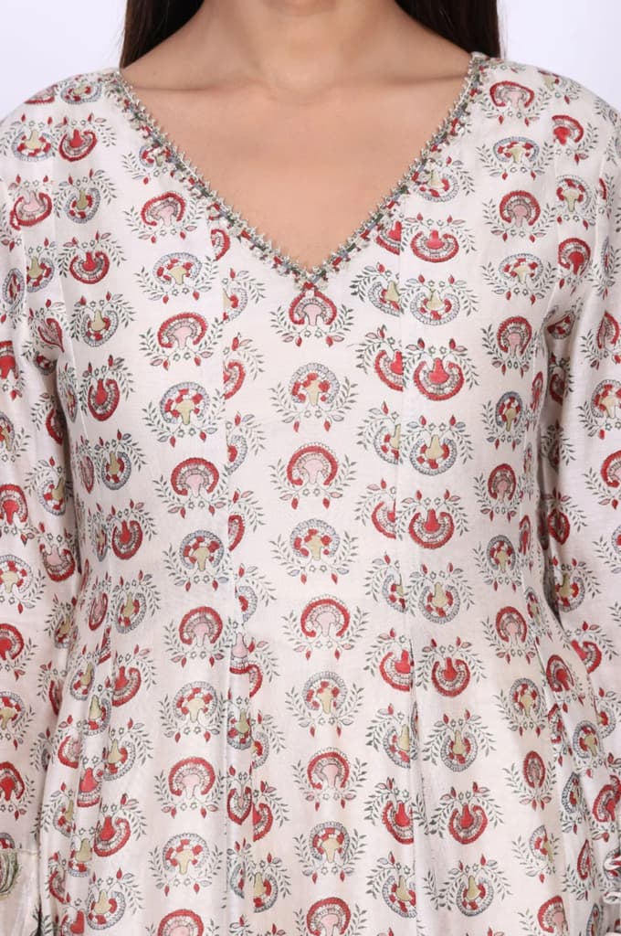 Cream Ethnic Motifs Sequins Cotton Silk Blend Anarkali Kurta — photo 2