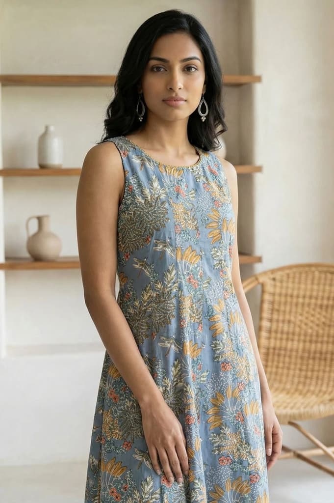 Blue Block Printed Pure Cotton A-line Dress — photo 2