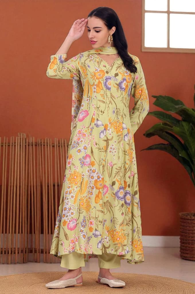 Light Green Floral Printed Rayon Anarkali Kurta, Pant and Dupatta Set — XS
