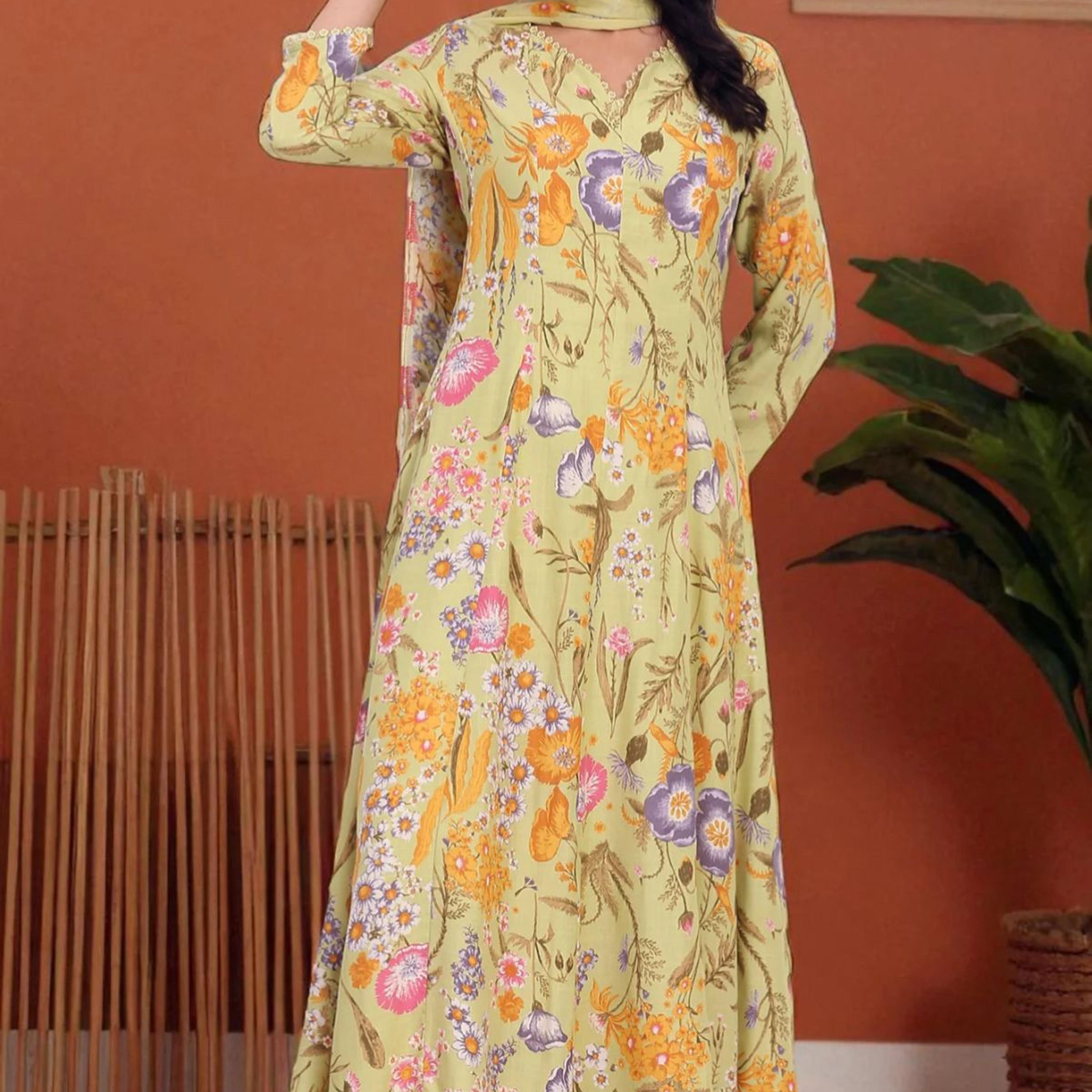 Light Green Floral Printed Rayon Anarkali Kurta, Pant and Dupatta Set