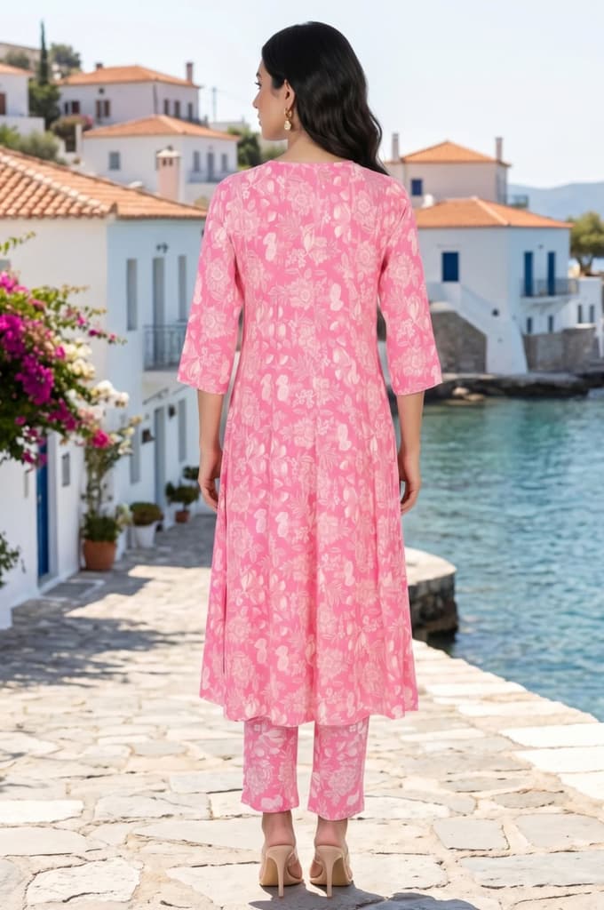 Pink Floral Printed Cotton Flax Flared Kurta — photo 5