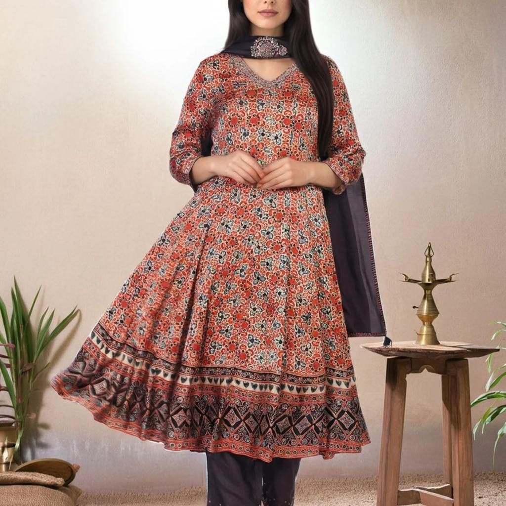 Beige Ethnic Motifs Printed Embellished Anarkali Satin Kurta with Straight Pant and Dupatta Set