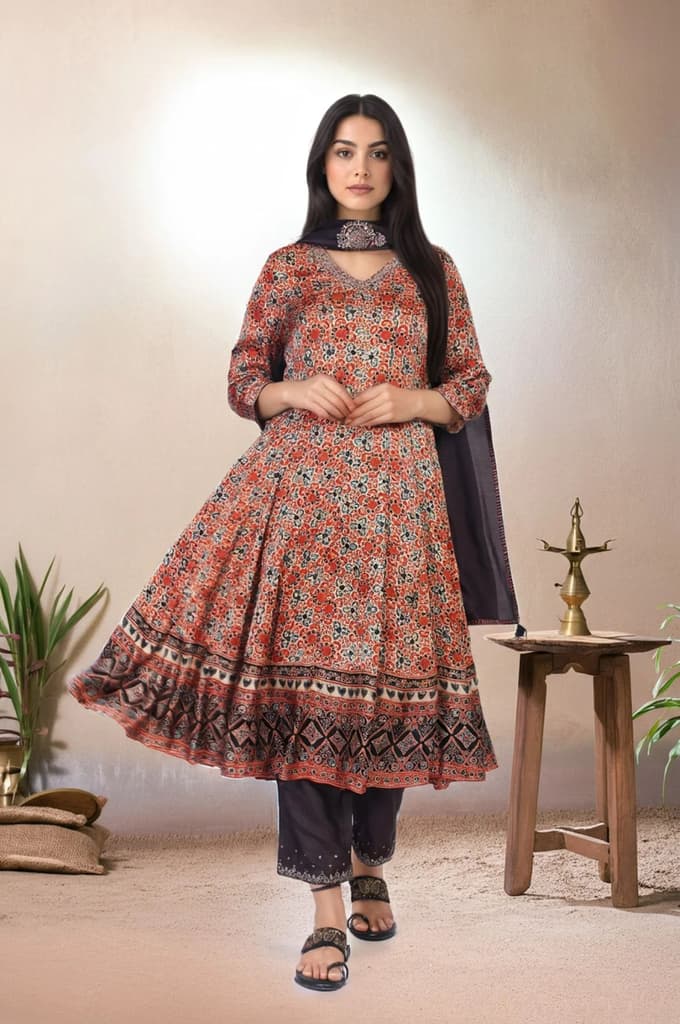 Beige Ethnic Motifs Printed Embellished Anarkali Satin Kurta with Straight Pant and Dupatta Set — XS