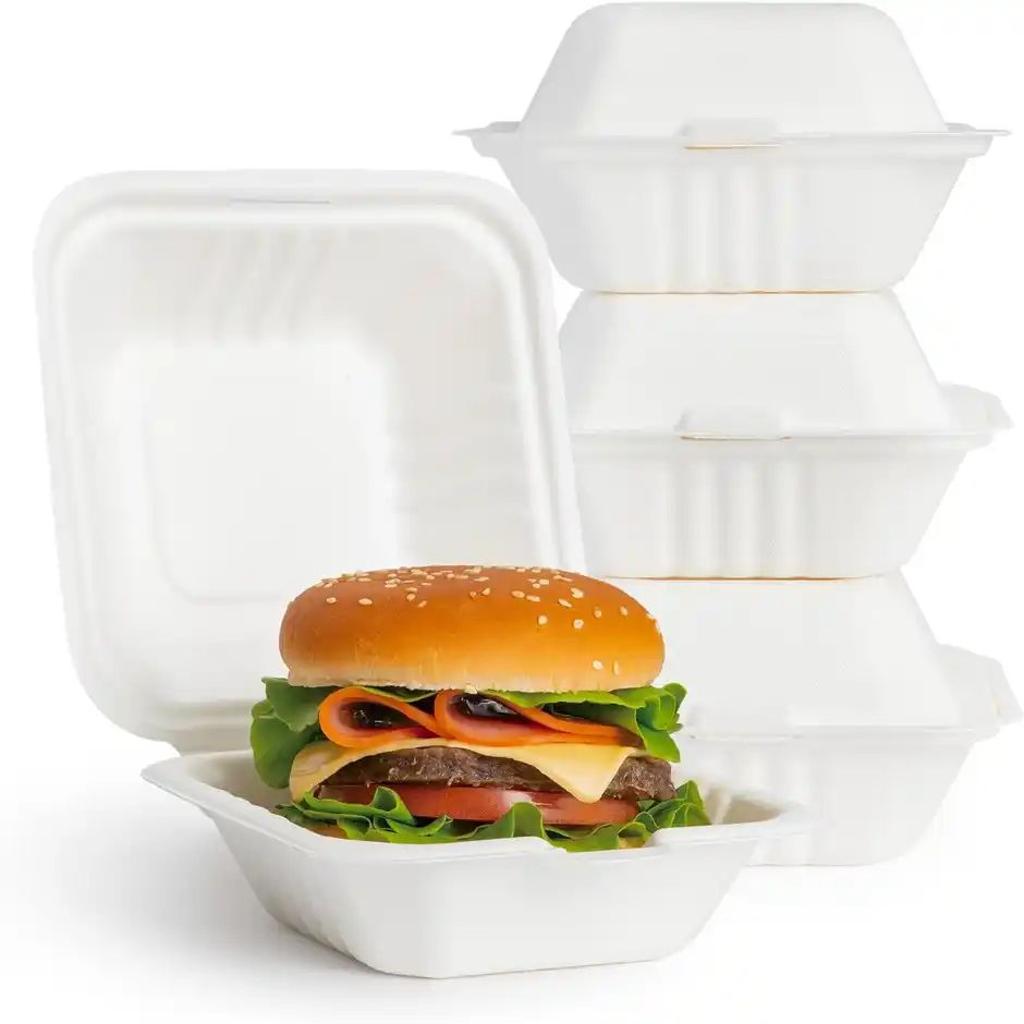 Sugarcane Fiber Pulp Square Clamshell Box | Tempware