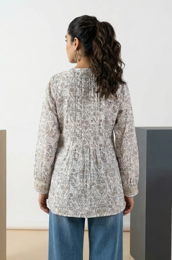 Off White Block Floral Printed Pure Cotton Flared Top — photo 4