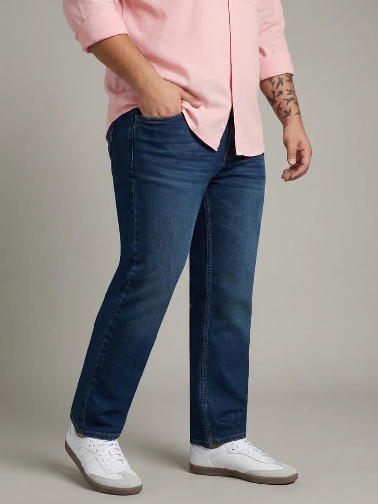 Plus Men's Blue Relaxed Fit Washed Denim Jeans Non-Stretchable — photo 2