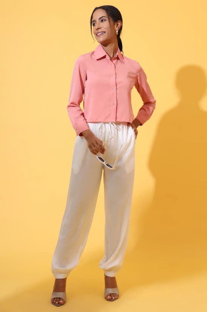 White Solid Ankle Length Rayon Harem Pants