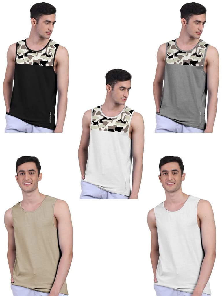 Camouflage Print & Twin Skin Organic Bamboo Vest Active Fit (Pack of 5) — White; Black; Charcoal; Sand; White / S / Men