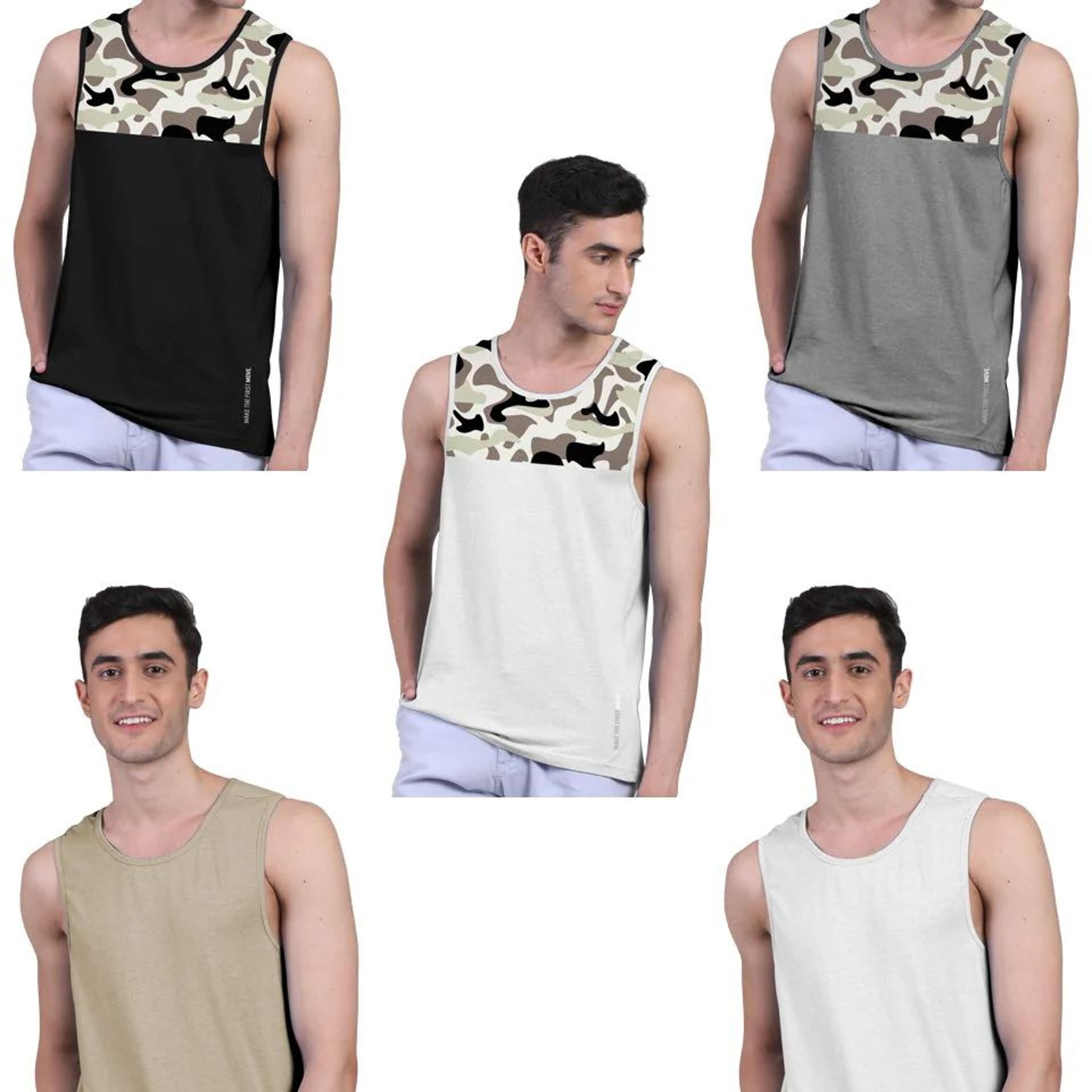 Camouflage Print & Twin Skin Organic Bamboo Vest Active Fit (Pack of 5)