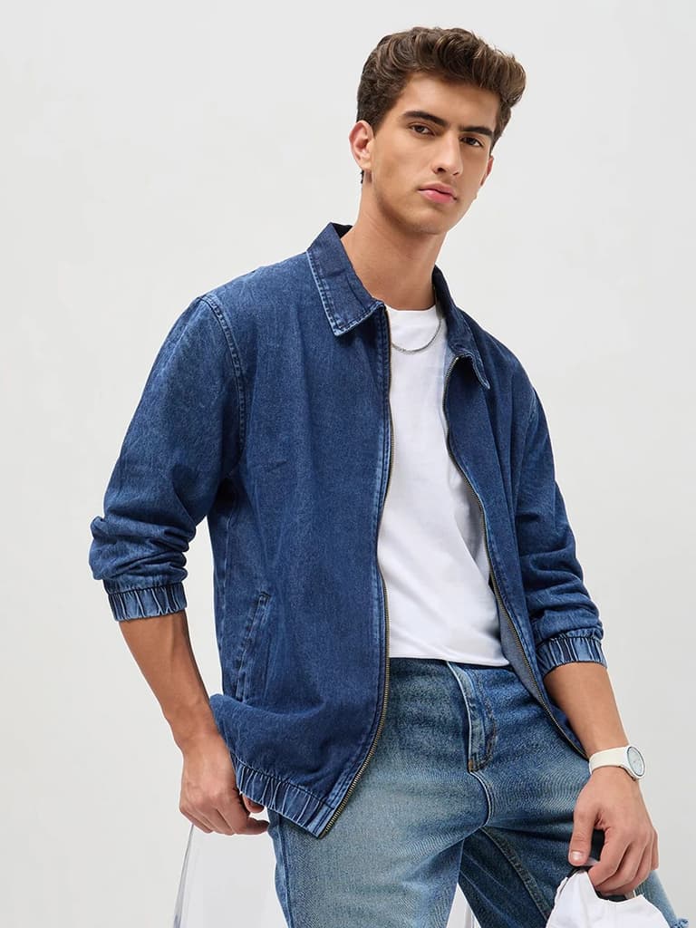 Men's Blue Relaxed Fit Full Sleeve Harrington Denim Jacket — photo 2