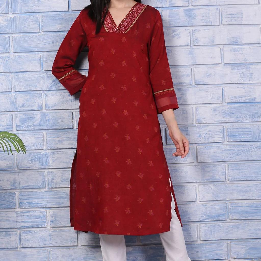 Pink Paisley Printed Thread Embroidered Crepe Flared Kurta