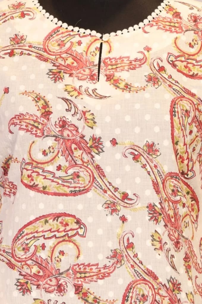 Beige Paisley Printed Pure Cotton Straight Kurta with Lace — photo 2