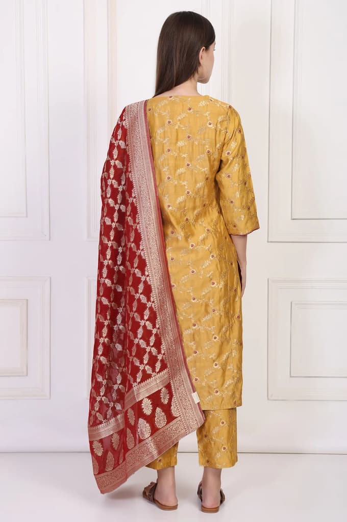 Mustard Jacquard Straight Kurta with Straight Pant and Dupatta Set — photo 5