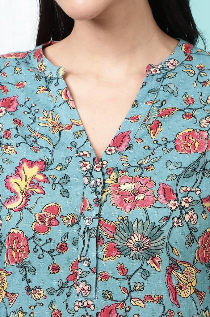 Teal Blue Floral Printed Straight Kurta — photo 4