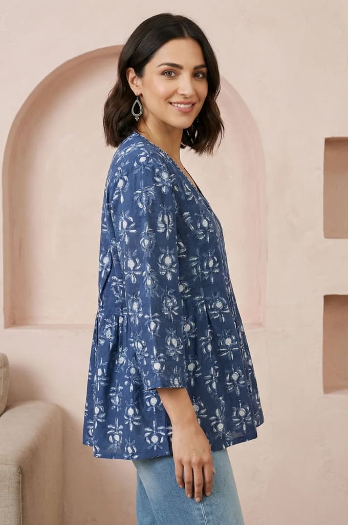 Blue Floral Block Printed Pure Cotton A-line Top — photo 6