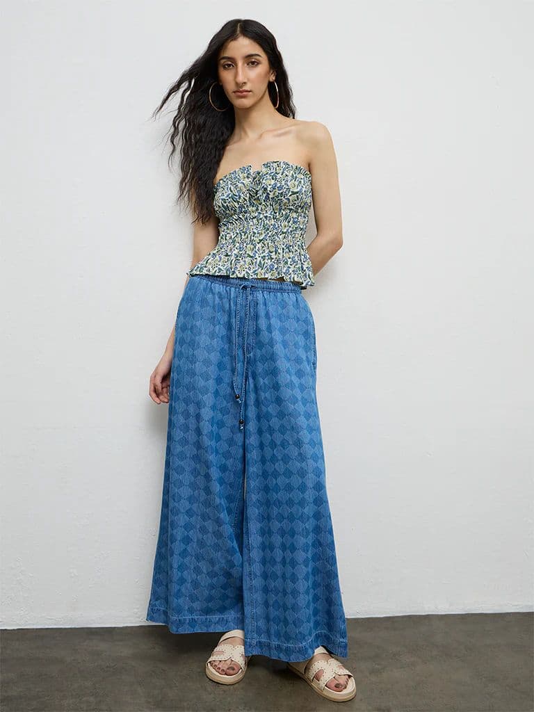 Bombay Paisley Blue Printed High-Rise Cotton-Blend Pants