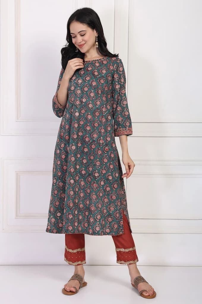Green Floral Block Printed Embroidered A-Line Cotton Kurta — XS