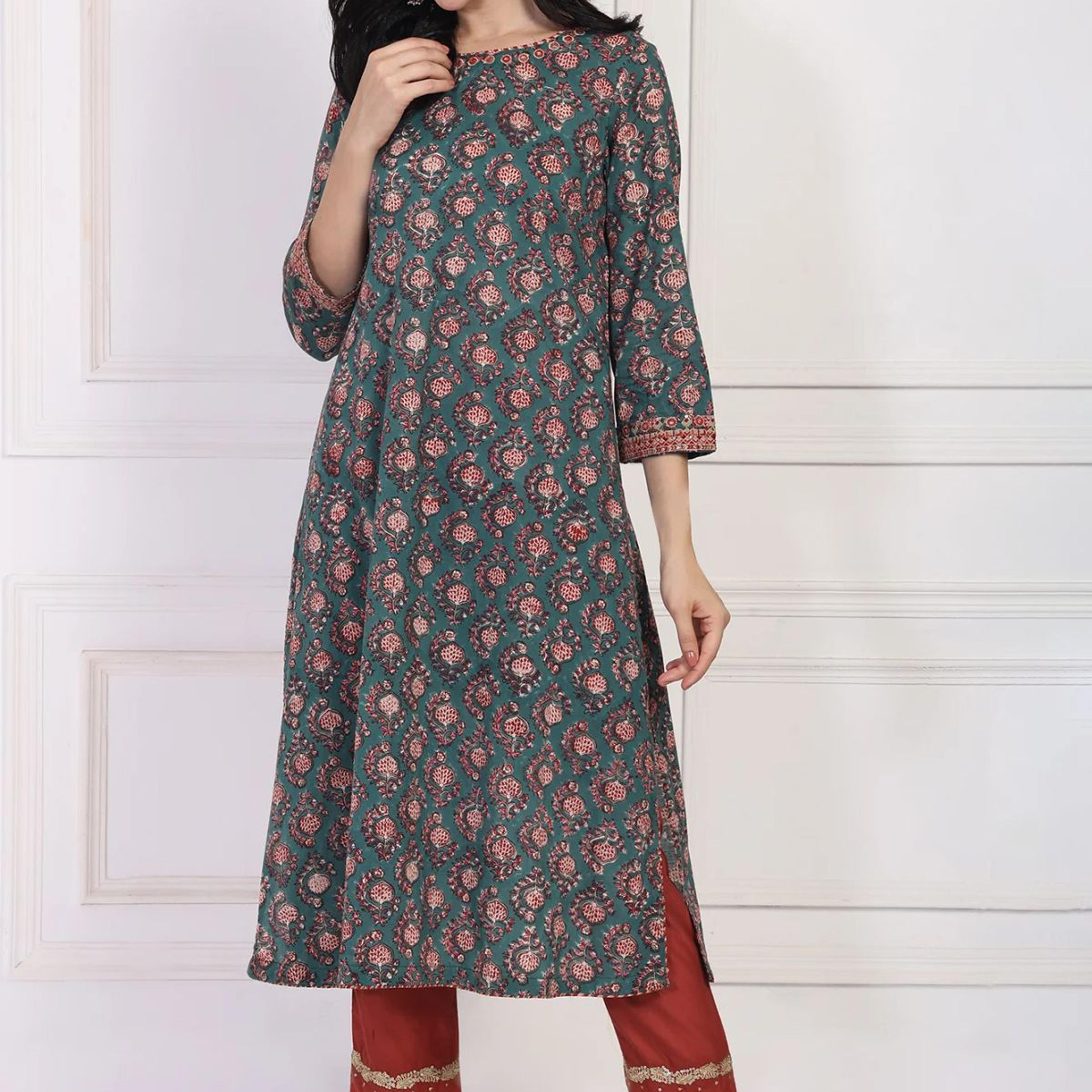 Green Floral Block Printed Embroidered A-Line Cotton Kurta