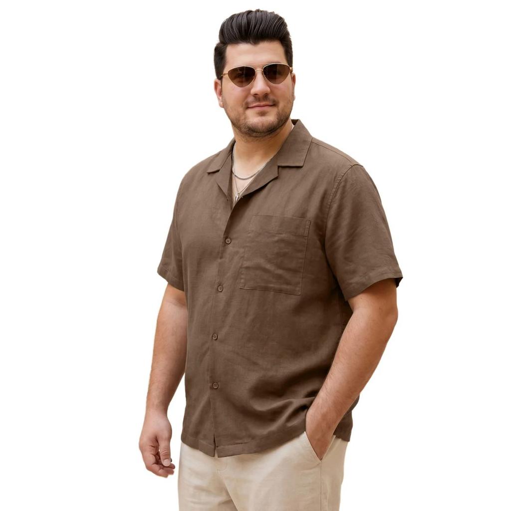Plus Men's Coffee Linen Half Sleeve Oversized Fit Shirt with Cuban Collar — photo 2