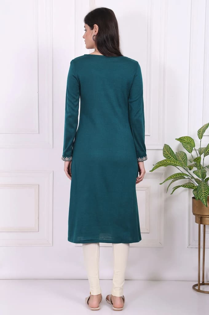 Teal Embroidered Acrylic Straight Kurta — photo 5