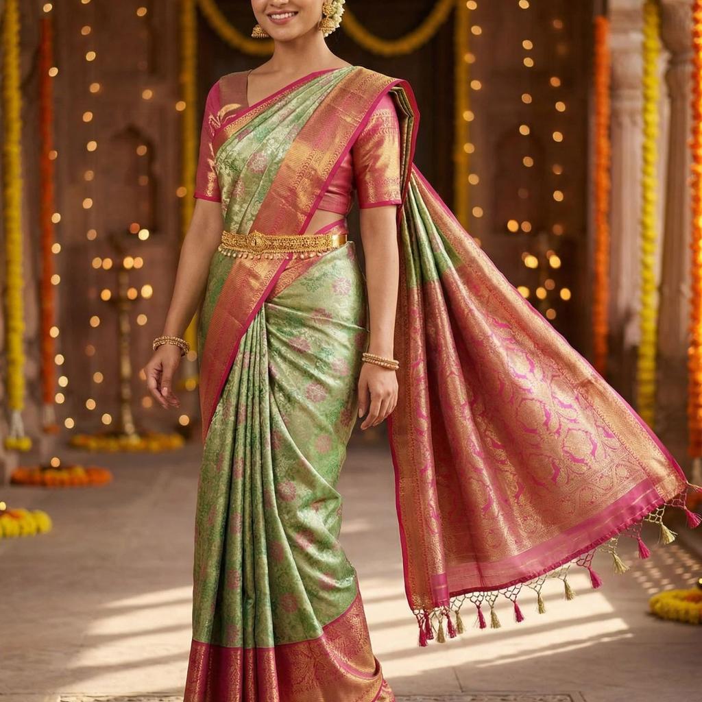 MIMOSA Women's Woven Design Kanjivaram Style Tissue Art Silk Saree with Blouse Piece - Green ( SA00002922GRNFREE )
