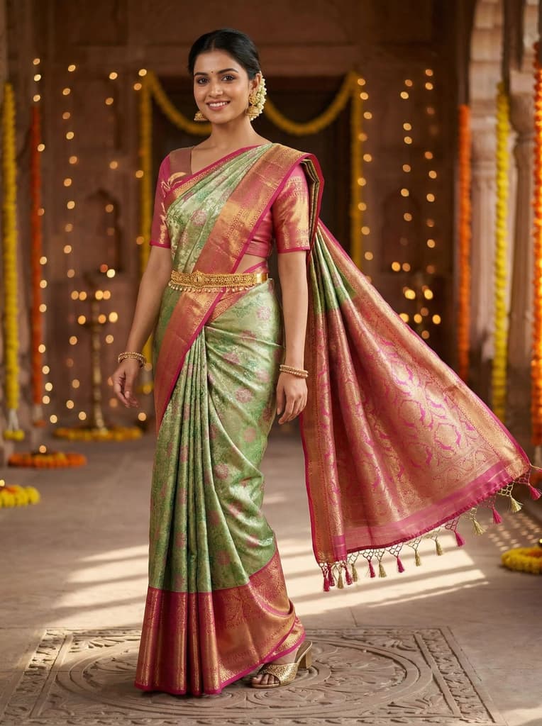 MIMOSA Women's Woven Design Kanjivaram Style Tissue Art Silk Saree with Blouse Piece - Green ( SA00002922GRNFREE ) — Default Title