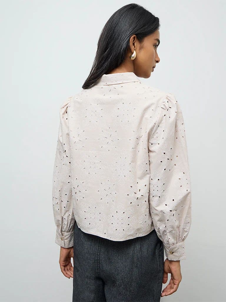 LOV Light Beige Floral Embroidered Cotton Shirt — photo 4