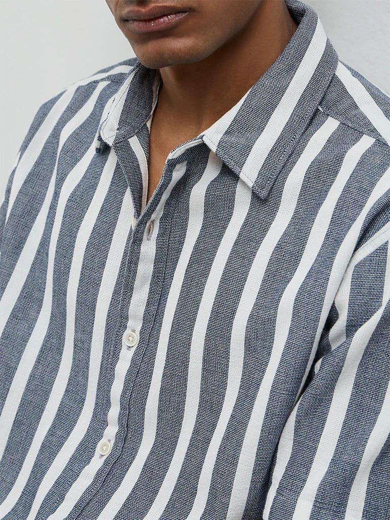 WES Casuals Navy Striped Relaxed Fit Cotton Shirt — photo 3