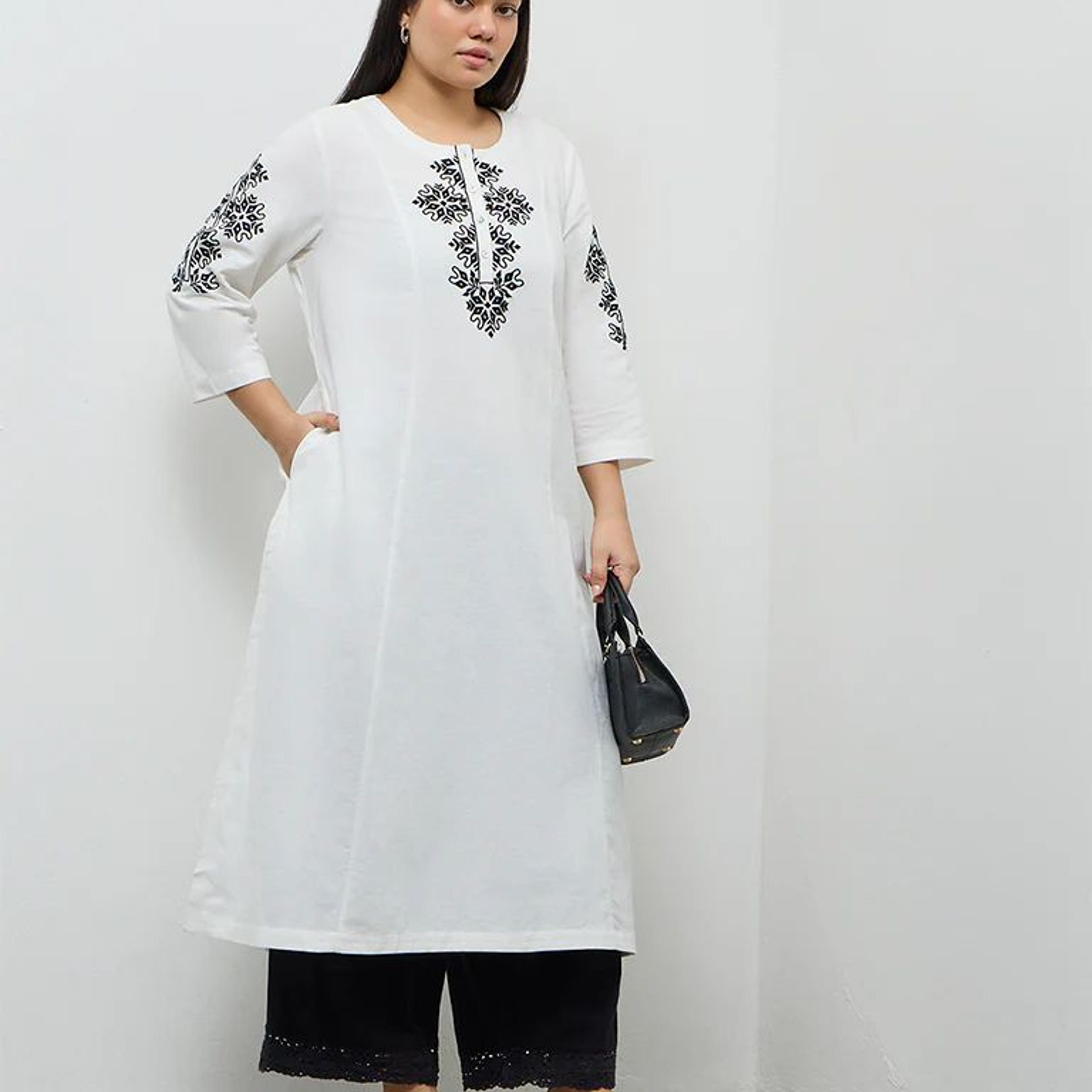 Diza White Embroidered Cotton A-Line Kurta
