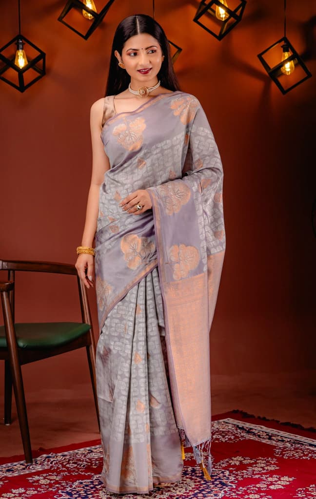 Mimosa Women's Woven Design Kanjivaram Style Art Silk Saree With Blouse Piece : SA00001762GYFREE — Grey