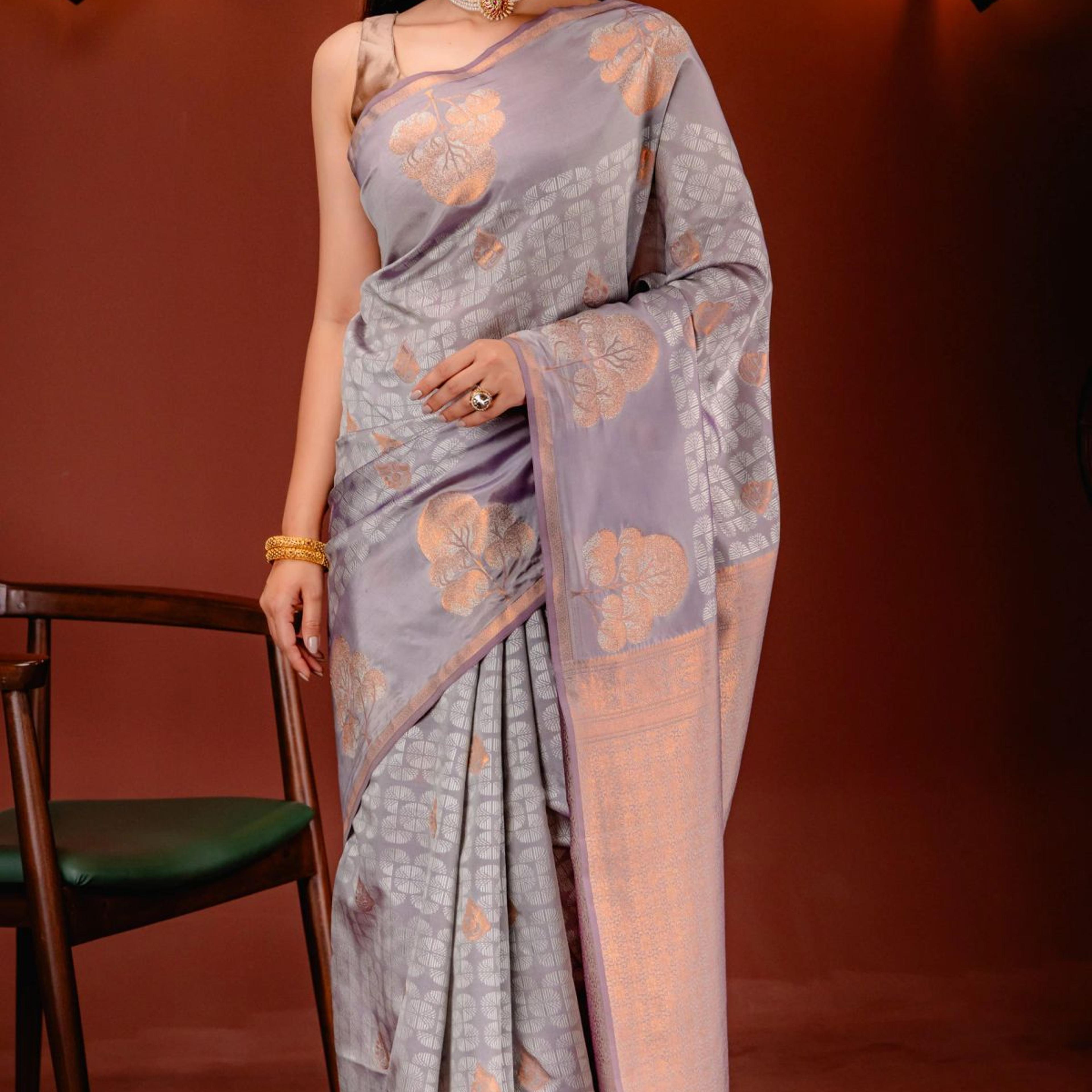 Mimosa Women's Woven Design Kanjivaram Style Art Silk Saree With Blouse Piece : SA00001762GYFREE