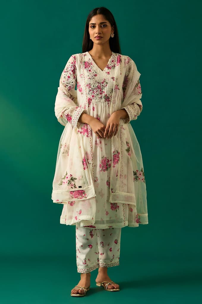 Off White Dori Embroidery Flared Silver Chiffon Kurta, Pants and Dupatta Set — XS