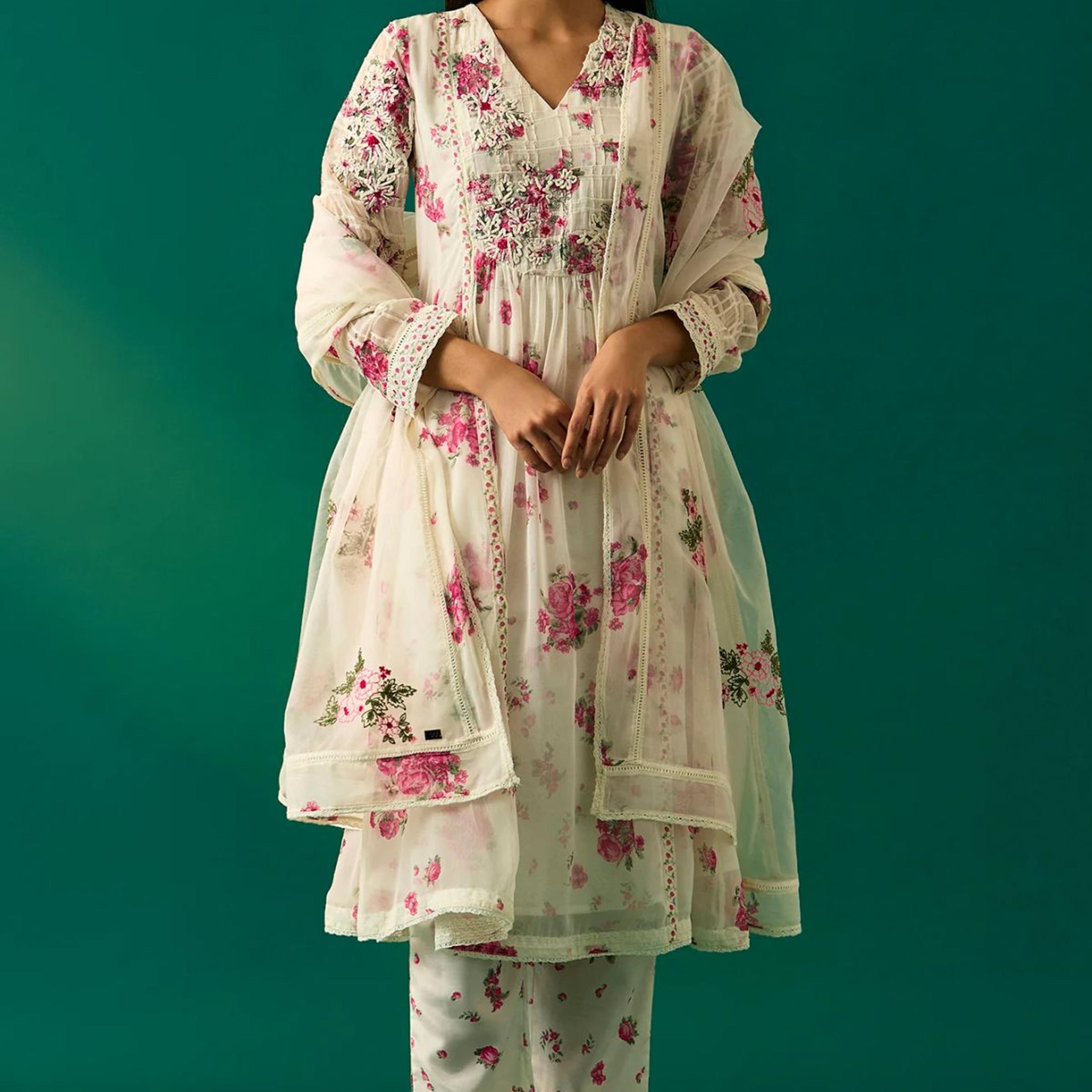 Off White Dori Embroidery Flared Silver Chiffon Kurta, Pants and Dupatta Set