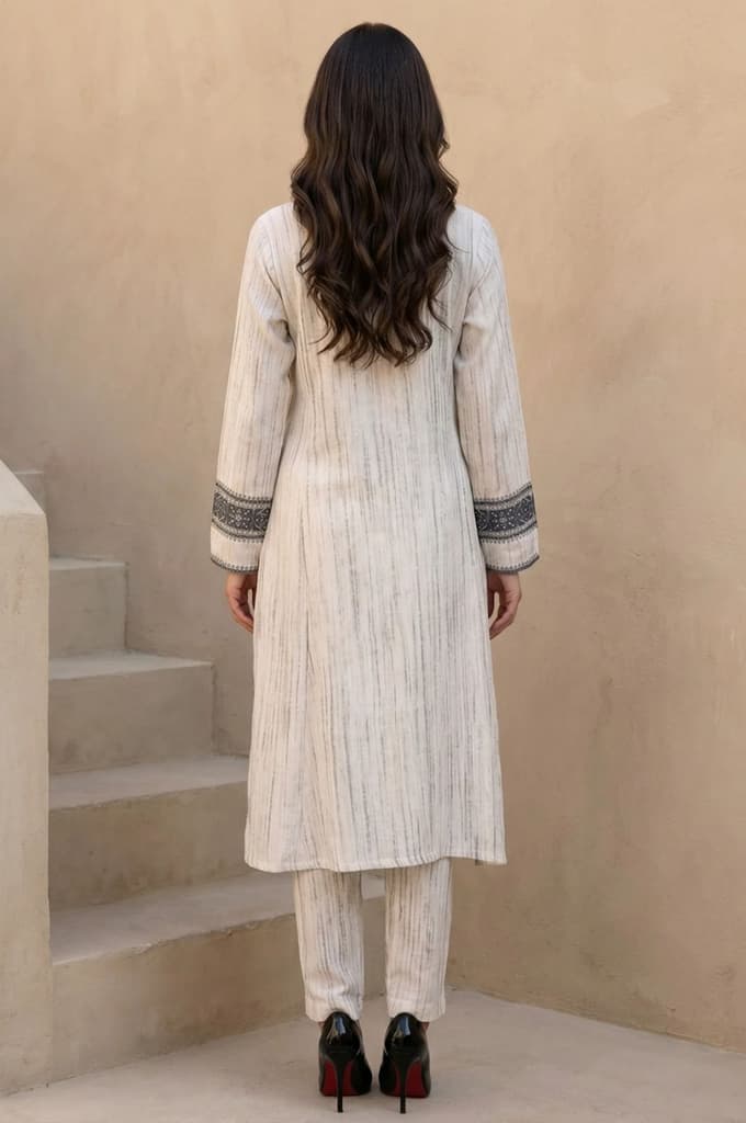 Off White Striped Rayon Blend Winter Straight Kurta with Pants Set — photo 4