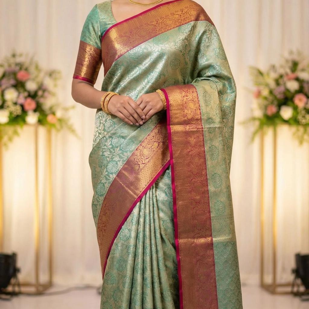 MIMOSA Women's Woven Design Kanjivaram Style Art Silk Saree with Blouse Piece - Rama (SA00002446RMFREE)