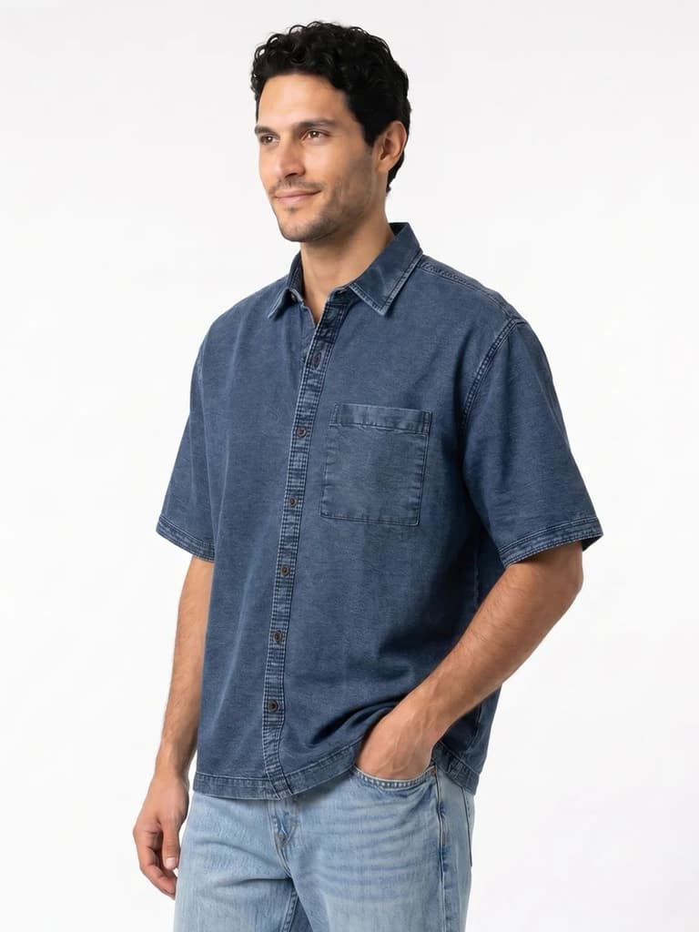 Men's Blue Oversized Fit Half Sleeve Solid Casual Denim Shirt — photo 2