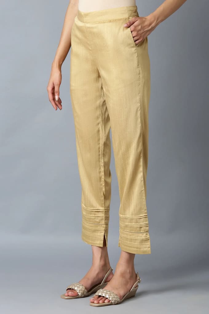 Gold Solid Straight Fit Ankle Length Mid Rise Trousers — photo 3