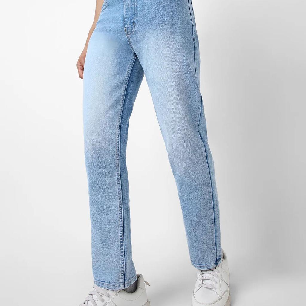 Men's Ice Blue Straight Fit Washed Jeans Stretchable