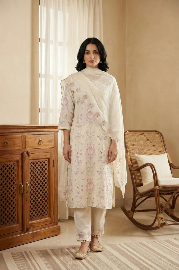 Off White Chikankari Pure Cotton Straight Kurta with Pants and Dupatta Set — photo 2