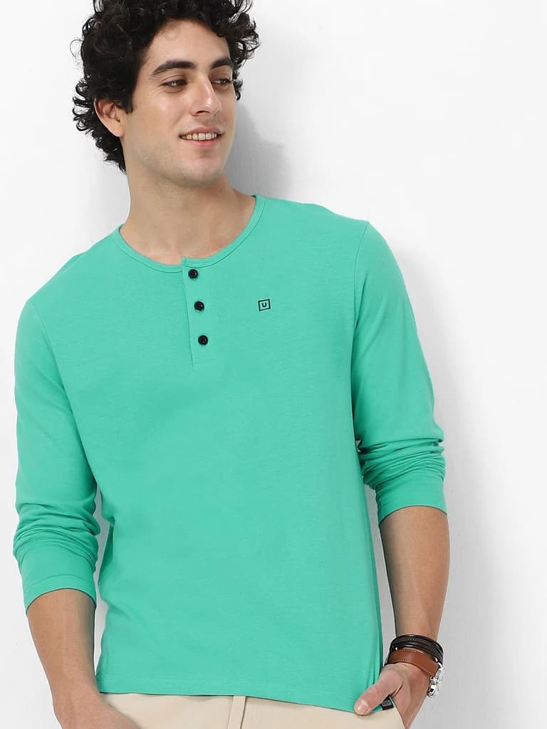 Men's Teal Green Solid Henley Neck Slim Fit Full Sleeve Cotton T-Shirt — photo 2