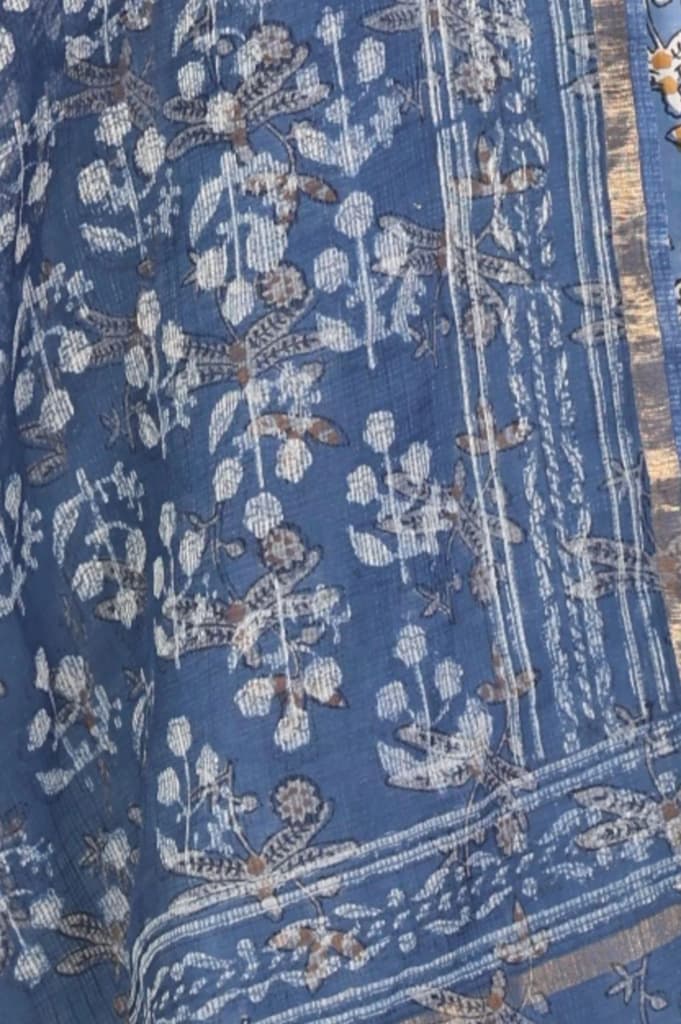 Indigo Blue Block Printed Cotton Silk Kota Dupatta with Zari Border — photo 3