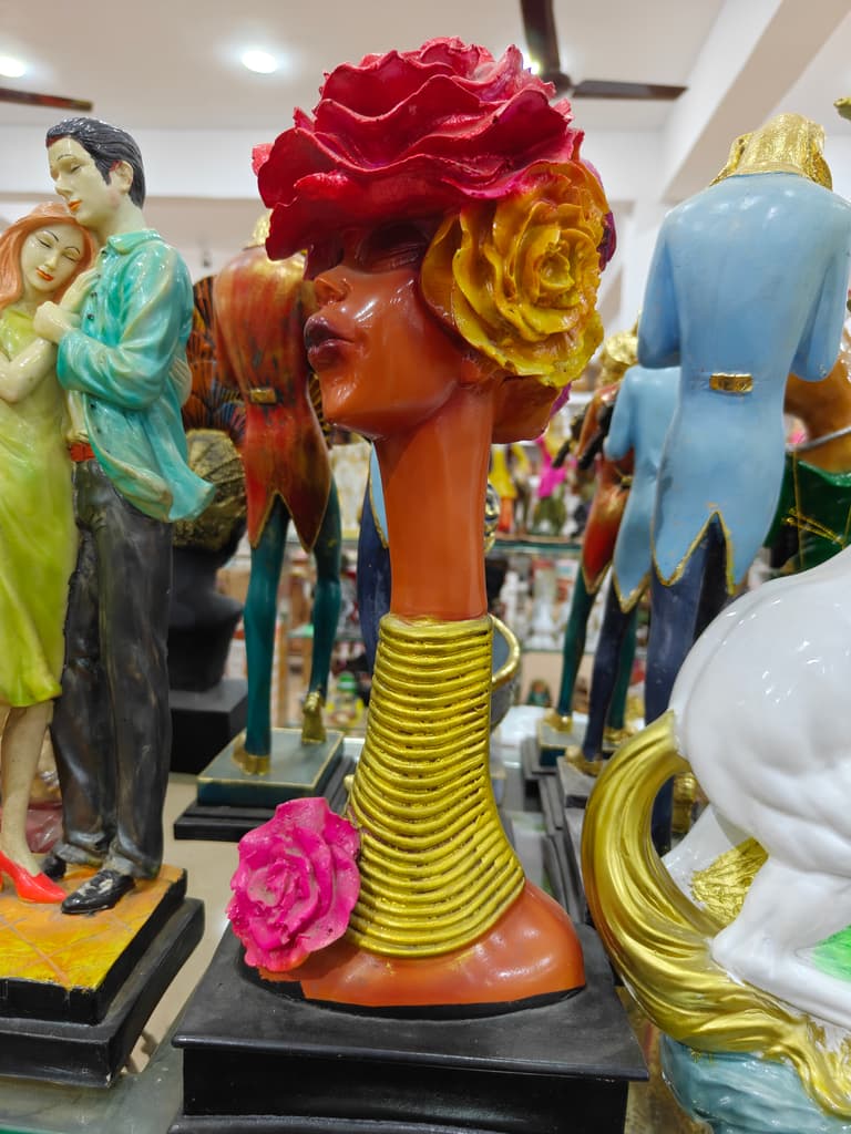 Gold Statue of Woman with Flower in Hair | Decorative | Bronze | Pink