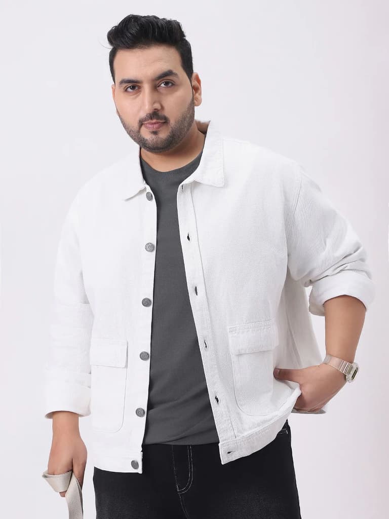 Plus Men's White Relaxed Fit Full Sleeve Utility Denim Jacket — photo 2